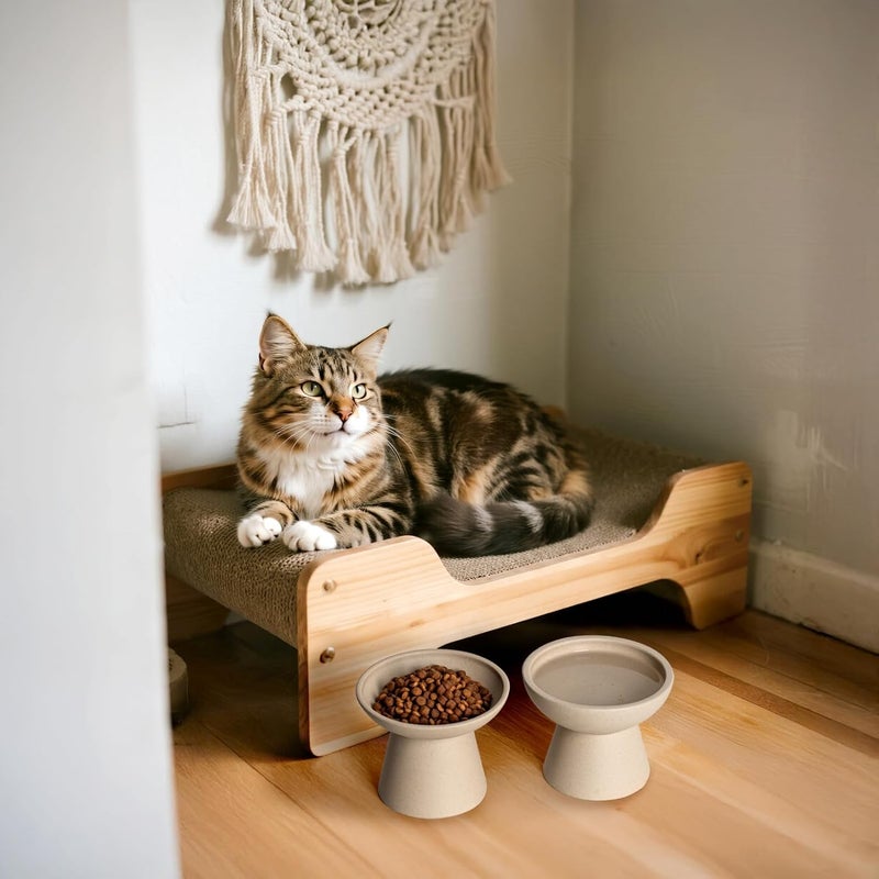 CEEFU 2 Elevated Cat Bowls Extra Wide for Food & Water – Whisker Fatigue, Ceramic Wide Shallow Food Dish, Lead & Cadmium Free, Raised Height for Cats, Pottery Clay (Not Glazed) - Image 5